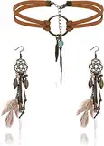 LOLIAS Boho Traumfänger-Ohrringe Drop Leder Choker Halskette Set für Frauen Handmade Retro Ohrringe Vintage Bohemian Feder Anhänger Dangle Ohrringe Stammes-Schmuck Geschenk