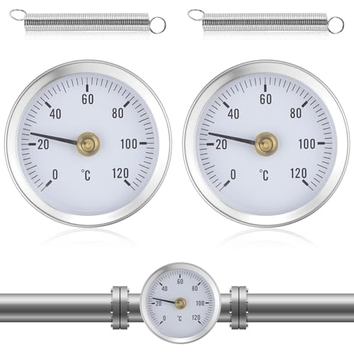 Anlegethermometer Heizungsrohr 2 Stück Mit Aufsteckfeder 63 mm Heißes Wasser Rohr Thermometer Zeigerthermometer Für Rohre 0-120℃ für Heizkörperrohrtemperatur, Heim & Industrie