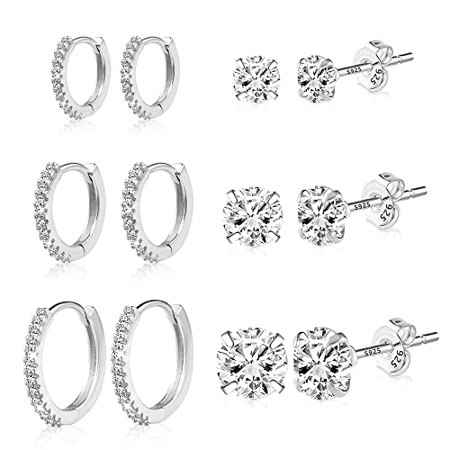 ALEXCRAFT Silber Creolen Ohrringe, Sterling Silber 925 Ohrringe Set für Damen, AAA+ Diamant Zirkonia Mini kugel Ohrstecker kleine, 6 Paar Hypoallergen Knorpel Huggie Creolen Ohrstecker Ohrringe Set