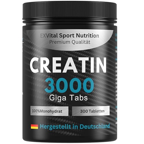 Creatin 3000 Giga Tabs, 3450mg Creatin Monohydrat pro Tagesdosis, 300 vegane Tabletten, Alternative zu Kreatin Kapseln & Pulver, Training, Sport, Fitness
