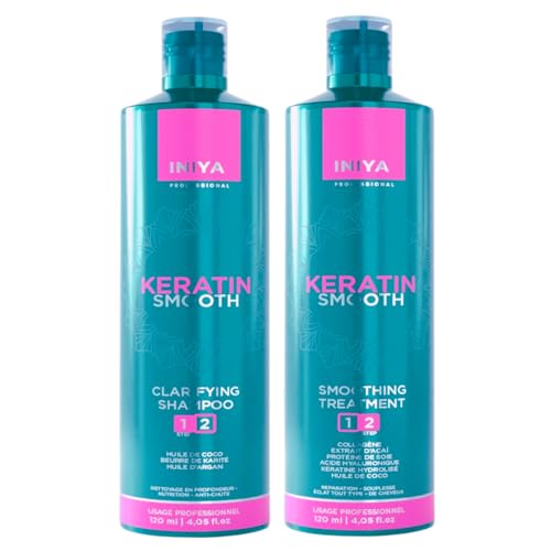 Iniya Keratin Smooth brasilianisches Haarglättungs-Set ohne Formol | Brasilianisches Glättungs-Set Keratin, Kollagen, Hyaluronsäure & Protein | Iniya Professional (2 x 120 ml)