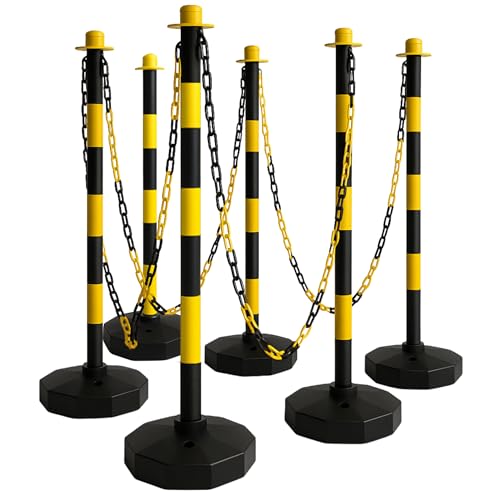 Technosafety - Set von 6 Absperrpfosten Gelb-Schwarz mit 22M Kette - Kunststoff-Kettenpfosten und Absperrkette