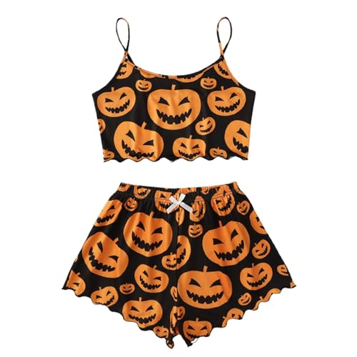 Ärmelloses Pyjama-Set mit Halloween-Kürbis-Aufdruck für Damen, Camisole und Shorts Schlafanzug Frottee (Orange, L)