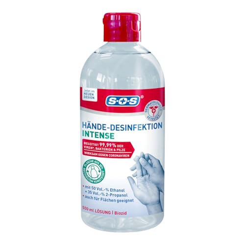 SOS Hände-Desinfektion Intense (1x 500ml) - beseitigt 99,99% Bakterien, Pilze & Viren - desinfiziert Gegenstände, Flächen & Hände - frei von Parfüm - für Allergiker geeignet