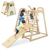 LIFEZEAL 6 in 1 Kletterdreieck Indoor, Klettergerüst mit Rutsche aus Holz, Kletternetz & Kletterleiter & Ringe, Kinderspielplatz Kletterspielzeug ab 3 Jahre