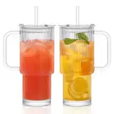 INSETLAN 2 Stück 760ml Gläser mit Deckel und Strohhalm, Gerippte Trinkbecher mit Deckel und Henkel, Dickem Glas Ideal für Eiskaffee, Matcha, Latte, Säfte und andere Getränke