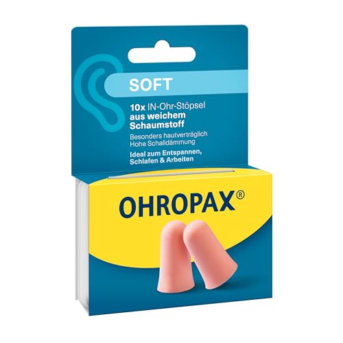 OHROPAX Soft Ohrstöpsel – IN-Ohr-Stöpsel aus weichem Schaumstoff – besonders unauffällig und bequem – Schalldämmwert SNR 31 dB – ideal zum Entspannen, Schlafen und Arbeiten – 10 Stück