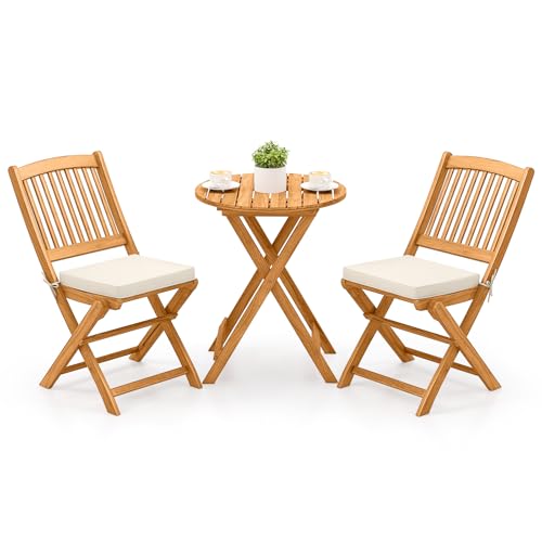 COSTWAY 3tlg. Balkonmöbel Set, Bistrotisch mit 2 Stühlen, klappbares Balkonset aus Akazienholz mit 2 Kissen, Bistroset, Gartengarnitur, Gartenmöbel, Sitzgarnitur, Sitzgruppe für Garten, Balkon (Beige)