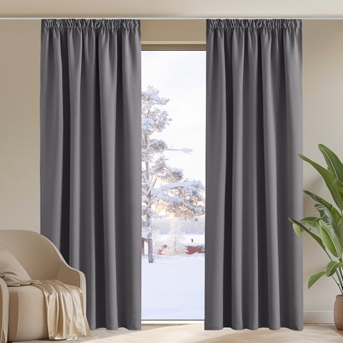 PONY DANCE Thermovorhang Kälteschutz Kräuselband Wohnzimmer Gardinen Grau Blickdicht 2er Set H 245 x B 140 cm Verdunklungsvorhänge mit Kräuselband für Schiene Blackout Curtains for Living Room