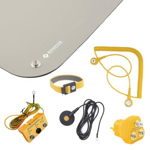 BERNSTEIN ESD Handling Set 6-tlg ESD Matte grau (900x610x2) Armband 2 Kabel 2 Erdungsstecker | Lötzinnfeste Arbeitsplatzauflage mit Profi Zubehör für Personenerdung