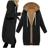 Winterjacke Damen Gefüttert Übergangsjacke Warm Fleecejacke Lang Sweatjacke mit Kapuze Longjacke Outdoor Windjacke Plüsch Teddyjacke Thermo Wintermantel Plüschjacke Oversize Oberbekleidung