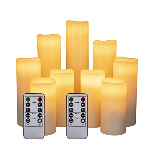 Hanzim LED Kerzen Set von 9 Flammenlose Kerzen Batteriebetriebene Kerzen D2.2xH 4 "5" 6 "7" 8 "9" Echtwachssäule Kerzen Flackern mit Fernbedienung und Timer-Steuerung, Elfenbein Farbe(9x1)