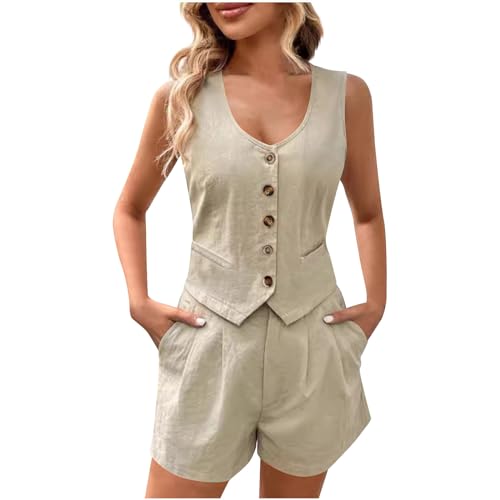 AEGJEGVD Kurz Outfits Damen Sommer Elegant Hosenanzug Bluse Top + Shorts Zweiteiler Jogginganzug Leicht Einfarbig Sportanzüge V-Ausschnitt Tank Tops und Hose Tracksuit Y2k Aesthetic Loungewear 2024