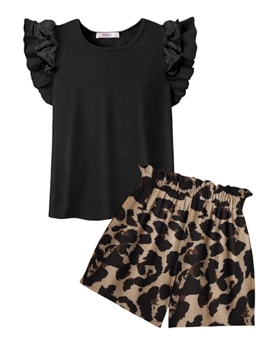 Arshiner Mädchen Sommer Kleidung Set Festliches Bekleidungssets Kinder Outfit Schwarz T-Shirt Leopard Print Shorts Zweiteiler Mode Mädchenkleidung mit Tasche 9-10 Jahre
