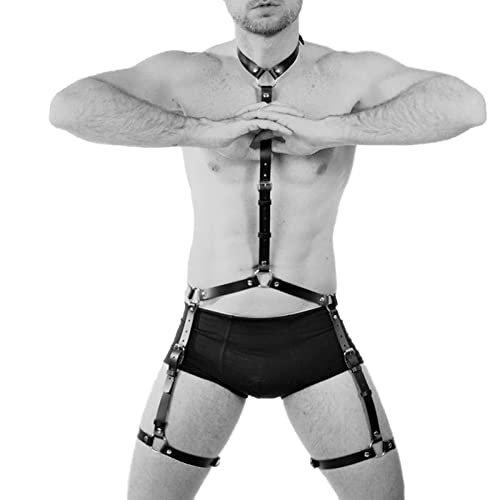 WOPOLIUE Herren PU Leder Bondage Brust Harness Fetisch Verstellbarer Schulter Gürtel Brustgurt Tragegur Unterwäsche mit Strumpfband Cosplay Party Kostüme Sexy Sklave Clubwear