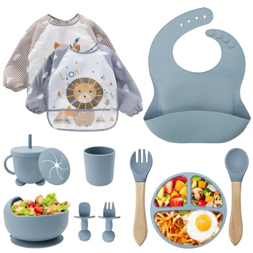 Baby Geschirrset,12er Set Kindergeschirr, Babylöffel,Trinklernbecher,Silikon Lätzchen,Baby Teller Kinderteller mit Saugnapf,Baby Led Weaning Besteck Set, BPA Frei,Spülmaschinen Und Mikrowellen Safe