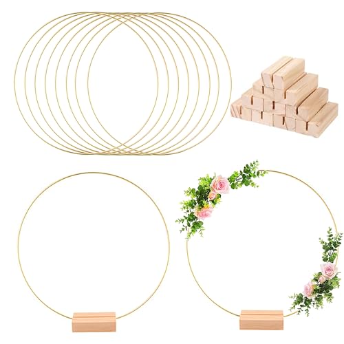 Idota 8 Stück Metallringe zum Basteln 30cm, Metallring Gold mit 8 Stück Holzständern Türkranz Metallring Dekokranz zum Aufhängen für DIY Türkranz Willkommen/Blumenkranz Makramee/Weihnachtskranz