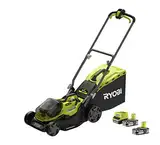 RYOBI 18 V ONE+ Hybrid-Rasenmäher RY18LMH37A-225 (Akku- oder Netzbetrieb, Schnittbreite 37 cm, inkl. 2 Akkus 2,5 Ah, Grasfangsack 45 l, mulchtauglich, Schnitthöhenverstellung)