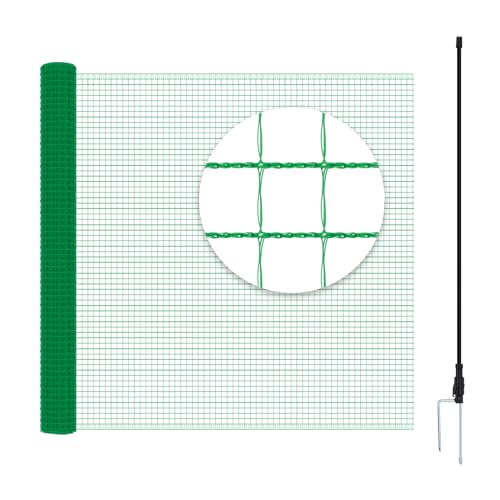 WOLTU Geflügelnetz, mobiler Zaun 90 cm hoch 25m Lang engmaschig, Hundezaun Hühnerzaun Gartenzaun Steckzaun Campingzaun Absperrzaun, mit 15 Pfählen Windenseilen Erdnägeln Kabelbindern