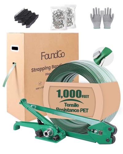 FoundGo Manuelle Umreifungsgerät [12-19mm] Umreifungsset mit 300m PET Umreifungsband von 680kg Zugfestigkeit für Verpackung inkl. Spanner Verschließer 300 Metallschnalle 100 Eckschutz Handschuhe