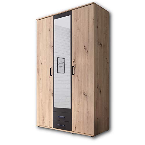 Stella Trading CHICAGO Eleganter Kleiderschrank mit viel Stauraum - Vielseitiger Drehtürenschrank in Artisan Eiche Optik und Absetzungen in Anthrazit - 120 x 197 x 54 cm (B/H/T)