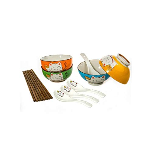 lachineuse 4er-Set Maneki Neko Katze Schalen, 4 Paar Essstäbchen & 4 Löffel – Müslischalen, Reisschüsseln, Suppenschalen – Japanisches Japan China – Geschirr-Geschenkset Deko, Farben, 11,5 cm