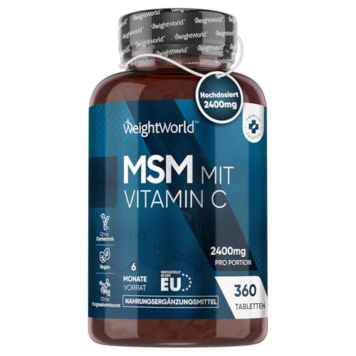 MSM 2400mg mit 100mg Vitamin C - 360 Tabletten für 6 Monate Vorrat - Für Knochen, Gelenke, Haut & Immunsystem - Alternative zu MSM Kapseln & Pulver - Natürliche Zutaten - MSM Schwefel - WeightWorld