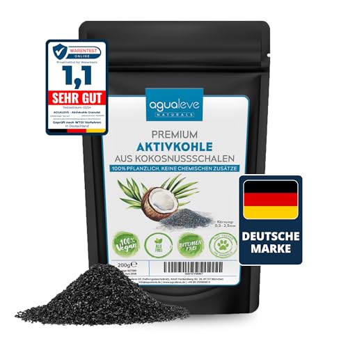 AGUALEVE® Premium Aktivkohle Granulat 200g aus Kokosnussschalen | Pflanzen, Katzenklo, Aquarium, und vieles mehr | 100% natürlich, frei von chemischen Zusätzen und Bitumen | Körnung: 0,5-2,5mm