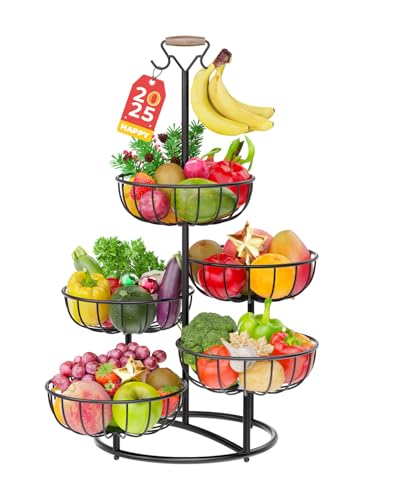 PouHenier.jh 5 Etagere Große Obstschale und Gemüsekorb für Küchenarbeitsplatte, Metall Obsthalter und Gemüsekorb mit Bananenhaken, Verstellbares und Stabiles Obstkorb (Schwarz)