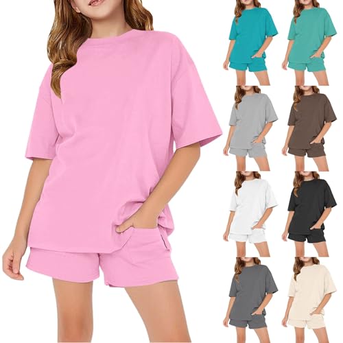 Kurzes Pyjama-Set für Mädchen, einfarbig, lockere Passform, T-Shirts + Shorts mit weitem Bein, 2-teilig, Nachtwäsche, Teenager, Sommer, Loungewear, Outfits, Rundhalsausschnitt, T-Shirts, Tops, bequeme