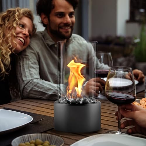 Edelfeld - Wärmender Tischkamin für Garten Terrasse Balkon Tisch Deko - Bioethanol Tischfeuer für Indoor & Outdoor - Verstellbare Flamme - Bio Ethanol Kamin inkl. Flammenringe und Schwarze Dekosteine