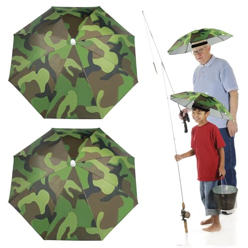 Realure 2 Stück Regenhut Angeln Handfrei, Regenschirm Hut Damen Herren Kinder, Anglerschirm Wasserdicht, Kopfschirm Tarnfarbe Grün, Regenschirm Hut Erwachsene Sonne UV Schutz Rainy (Camouflage Grün)