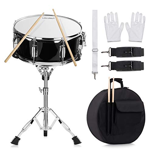35,6 cm Snaredrum-Set mit Gigbag, ein Paar Sticks, Trommelständer und Schlagzeugschlüssel, ein Paar Trainingshandschuhe für Studenten, Anfänger (35,6 cm, schwarz)