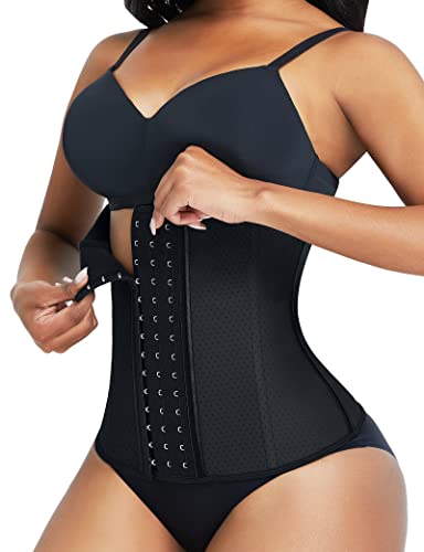 FeelinGirl Damen Trainer Korsett Atmungsaktiv mit Stanzung Taillenmieder 3-reihige Haken Unterbrust Cincher mit 9 Stahlknochen Latex Waist Shapewear Schwarz S