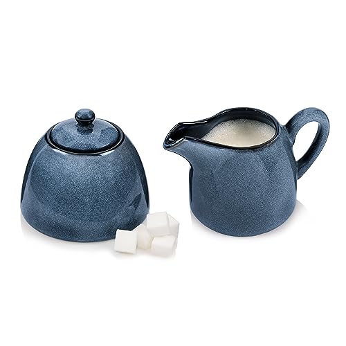 Sänger | Milch und Zucker Set Darwin 3 tlg, Zuckerdose und Milchkännchen Set Steingut, Zuckerdose mit Deckel und Milchkanne, Milchbehälter und Zuckerdosierer, Zuckerbehälter Blau | PREMIUM COLLECTION