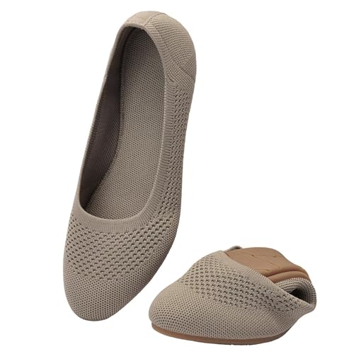 Puxowe Damen Ballerina Runde Zehe Stricken Flache Schuhe Komfort Weich Slip On Ballerina Walking Flats Schuhe für Frauen Niedriger Keil Lässig 39.5 EU Khaki