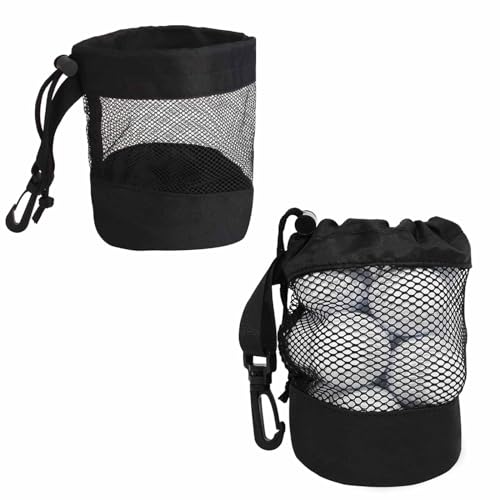 LERTREEUK 2 Stück Nylon-Golfball-Aufbewahrungstasche mit Haken Schwarze Golfball-Taschen Kordelzug Golfball Organizer