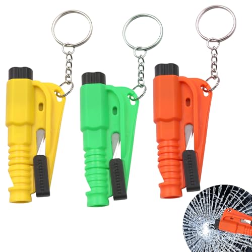 Erioscar 3 Pcs Notfall-Schlüsselanhänger-Auto-Fluchtwerkzeug, Auto-Sicherheitsgurtschneider 3 in 1, Gurtschneider Notfallhammer, Fensterbrecher, Gürtelschneider, Notfallpfeife-Orange,Grün,Gelb