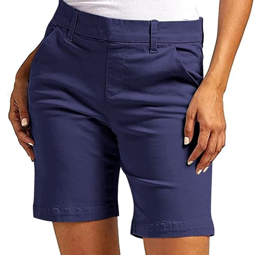Generisch Stretch-Twill-Shorts für Damen Bermuda Shorts High Waist Sommer Kurze Hose Wanderhose mit Tasche Einfarbig Radlerhose Knielang Arbeitshose Freizeithose Sommerhose Laufshorts(Navy,M)