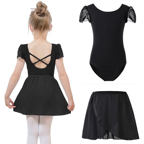 Bezioner Ballettkleidung mädchen mit Abnehmbarem Ballettrock Tanzbody Puffärmel Balette Kleidung Mädchen Ballettanzug Kinder Schwarz 130(8-10 Jahre, 130-140 cm)