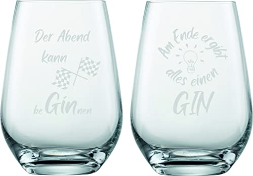 Schott Zwiesel 2er Set Ginglas 548ml mit Gravur Der Abend kann beGINnen & Am Ende ergibt alles einen Gin – lustige Geschenkidee für Ginliebhaber, Frauen, Männer, Freunde (ohne Stiel, Set 1)