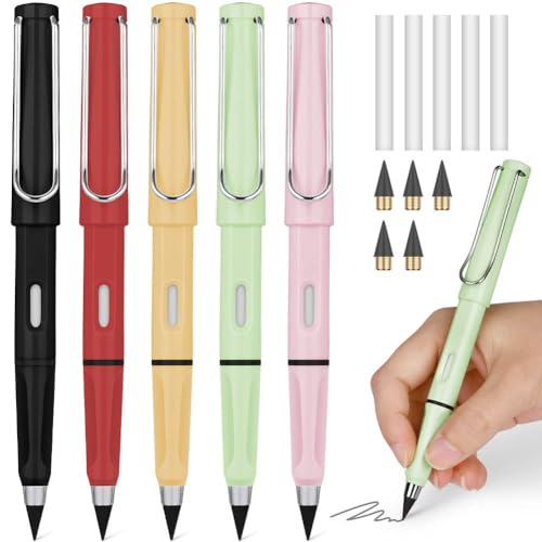 OFFCUP Metall Tintenlose Bleistifte, 5 Stück Tintenloser Bleistift mit Radiergummi, Magic Pencil mit 5 Stück Wechselkopfm, Klares und Flüssiges Schreiben für Erwachsene Studenten Künstler(Einfarbig)