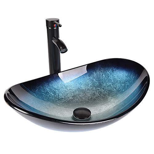 YU YUSING Aufsatzwaschbecken Waschbecken Glas Waschtisch, Oval Hand Waschschale mit Wasserhahn Set, Waschplätze für Badezimmer Küche Gäste WC, Modern Blau, 53 x 35 x 16 cm