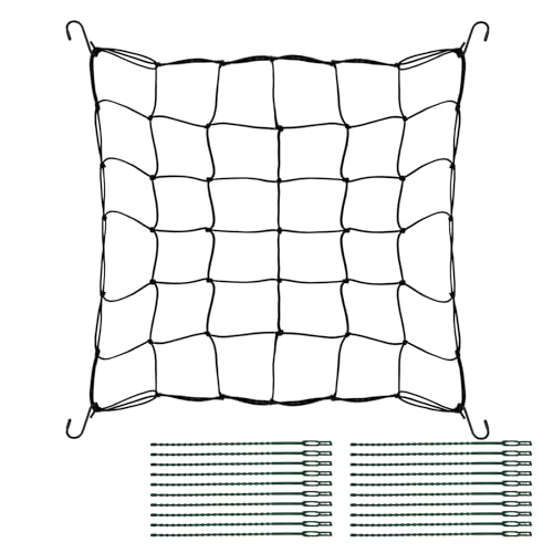 Piuluvor® Grow Netz, Scrog Netz Ranknetz 60×60cm Pflanzennetz Rankgitter Netz Schwarz mit 4 Metallhaken und 20 Fischgrätenbindern für Pflanzen Garten Gemüse