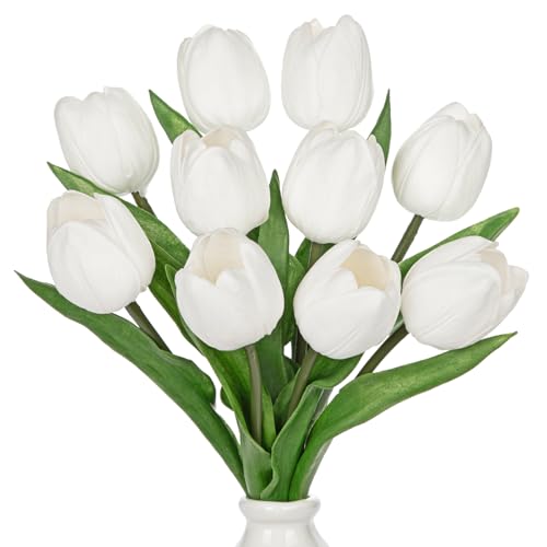 Oairse 10er-Set Kunstblumen Real Touch Latex Künstliche Tulpen Gefühl Künstliche Blumen Tulpen Tischarrangements, Geschenk für Hochzeitszimmer Home, Party, Hochzeit, Geburtstag, Garten, Weiß