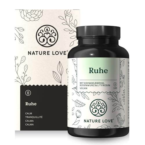 NATURE LOVE® Ruhe - 120 Kapseln - mit Ashwagandha, Rosenwurz (Rhodiola Rosea), L-Tyrosin und B-Vitaminen - hochdosiert, vegan, laborgeprüft, in Deutschland produziert