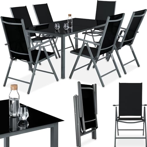 tectake® Sitzgarnitur Aluminium Klappstühle, Lounge Set mit 6X Stühle und 1x Glastisch Esstisch, Gartenmöbel Set wetterfest für den Balkon, Gartenstühle, Terrassenmöbel, Liegestuhl - dunkelgrau