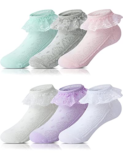 Adorel Mädchen Socken mit Rüschen Spitze Kindersocken Baumwolle 6er-Pack Vielfarbig 27-29 EU (Herstellergröße XL)