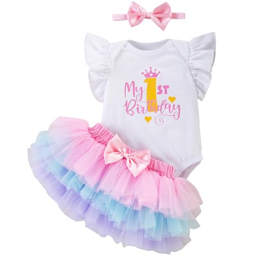 Winmany Baby Mädchen ersten Geburtstag Kleidung 3PCS Bogen Stirnband Mein 1. Geburtstag Strampler Tutu Rock Cake Smash Outfit Set für FotoShooting (Rosa Krone, 9-12M)