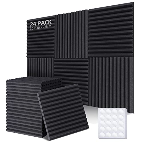 Ohuhu Akustikschaumstoff Schalldämmung Wand 24 Stück mit Aufkleber, Schallabsorber Akkustikschaumstoffmatten Schallschutz für Gaming Deko, Podcasts, Tonstudio, 30 x 30 x 2,5 cm, Schwarz